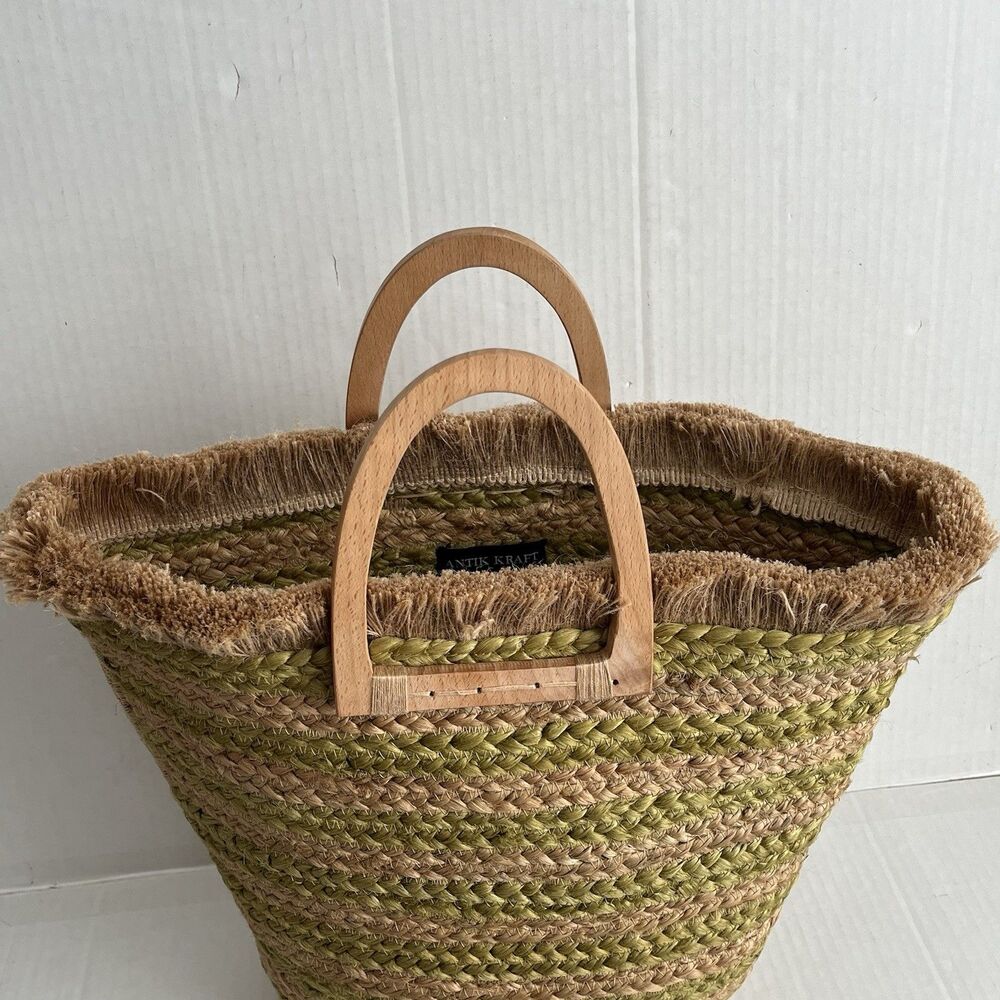 ANTIK KRAFT Woven Jute Tote Bag Wood Handles Beach Boho Market Basket Coastal - Picture 7 of 16